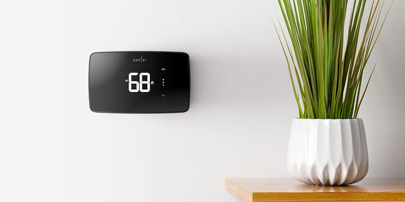 Smart thermostat on the wall next to a plant